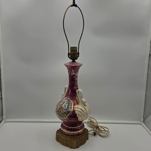 Vintage Porcelain Courting Couple Table Lamp, Burgundy Marble Swirl Ceramic Urn Light, Mid Century Victorian Regency Boudoir Accent Lighting image 1