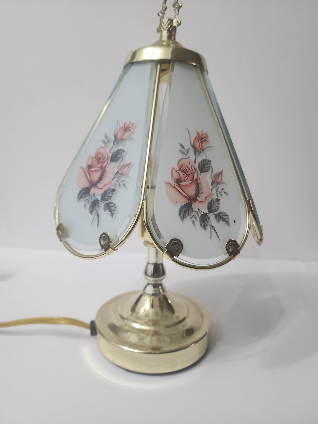 Vintage Floral Rose Touch Lamp Brass Six Glass Panels - Etsy