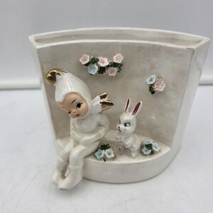 Vintage Lefton Pixie Elf Bunny Planter Iridescent Lusterware Ceramic Flower Pot Mid Century Easter Kitsch Japan Figurine Model 50480