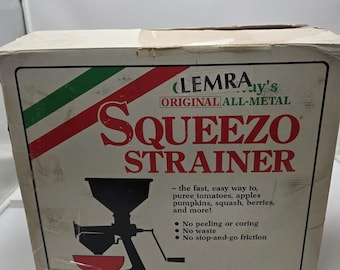 Spremiagrumi vintage Lemra Squeezo interamente in metallo per conserve e pomodori / Utensile da cucina originale Garden Way con scatola