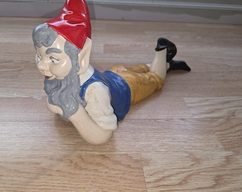 Vintage Ceramic Gnome, Garden Statue, Retro Lawn Decor, Hand Painted, Dwarf Figurine, German Style, Reclining Gnome, Kitsch Art