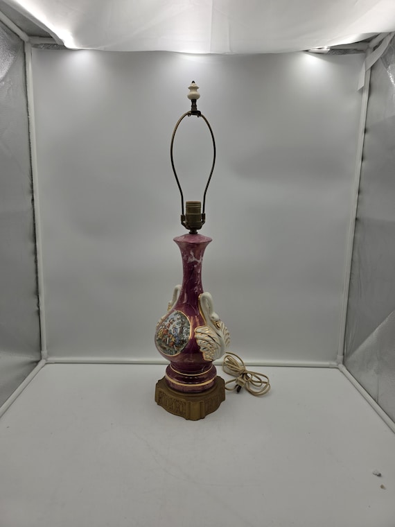 Vintage Porcelain Courting Couple Table Lamp, Burgundy Marble Swirl Ceramic Urn Light, Mid Century Victorian Regency Boudoir Accent Lighting