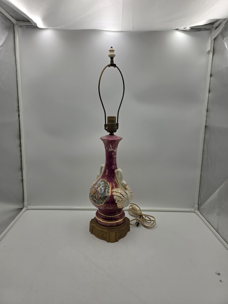 Vintage Porcelain Courting Couple Table Lamp, Burgundy Marble Swirl Ceramic Urn Light, Mid Century Victorian Regency Boudoir Accent Lighting image 1