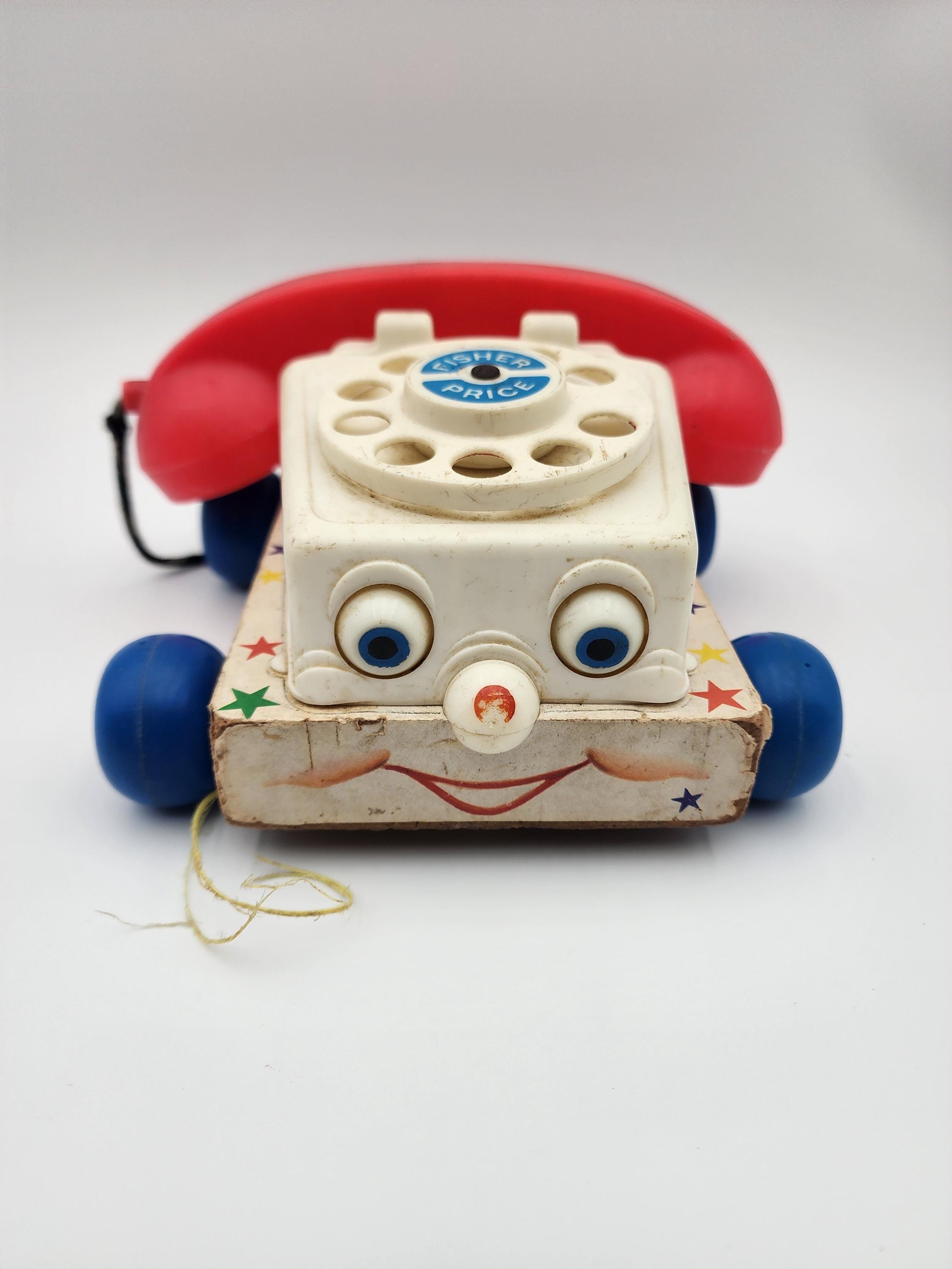 Vintage Fisher Price Chatter Telephone 1961 Wood Base Pull Toy