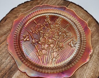 Plat vintage Jeannette Glass à motifs iris et chevrons, assiette à découper Marigold Carnival Glass, plateau de service en verre irisé festonné de la Grande Dépression