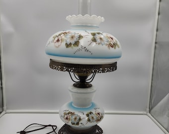 Vintage 1971 Hurricane Lamp – White Floral Glass, EF Industries