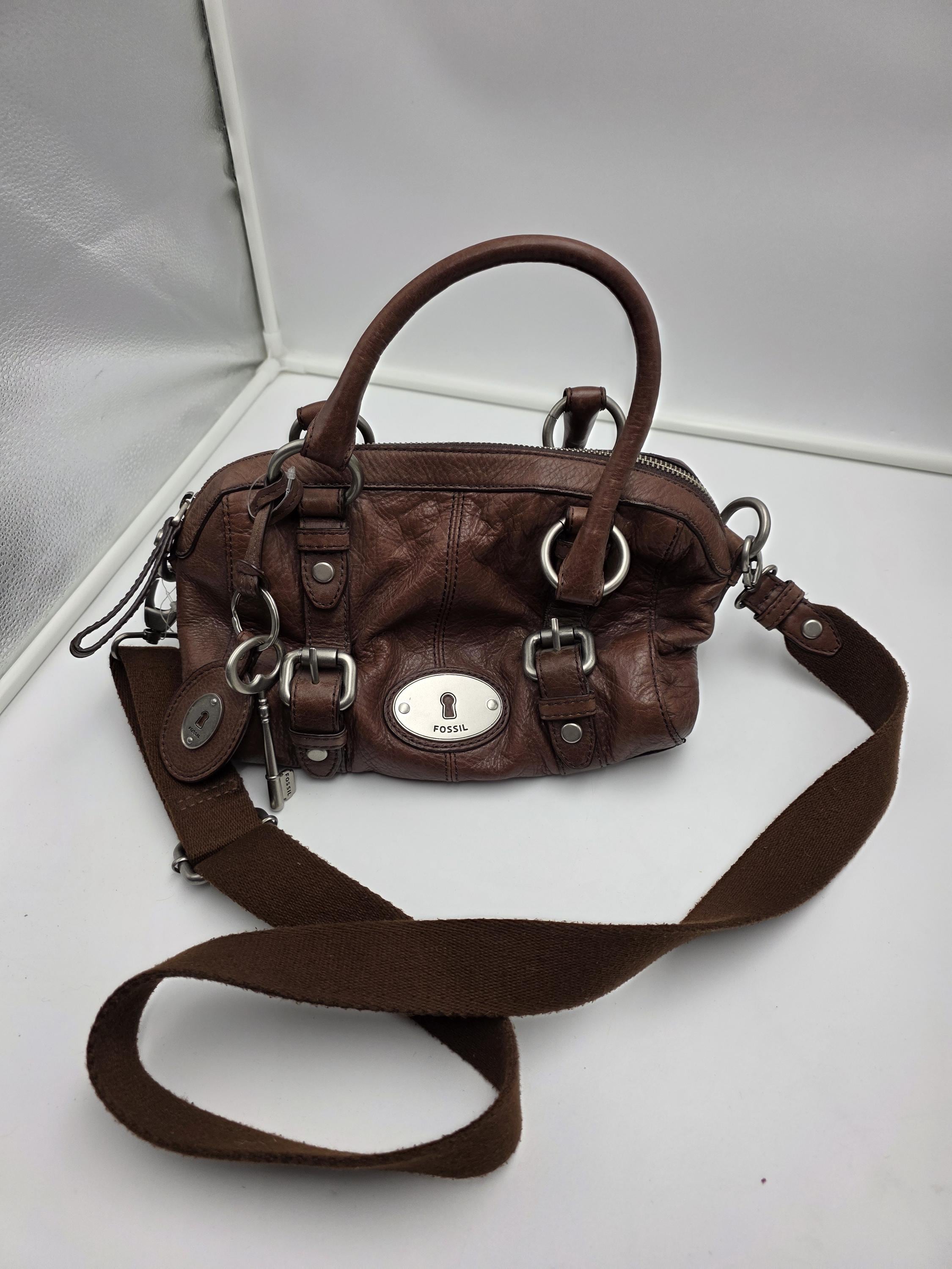 Vintage Fossil Maddox Satchel Brown Pebbled Leather Crossbody Bag