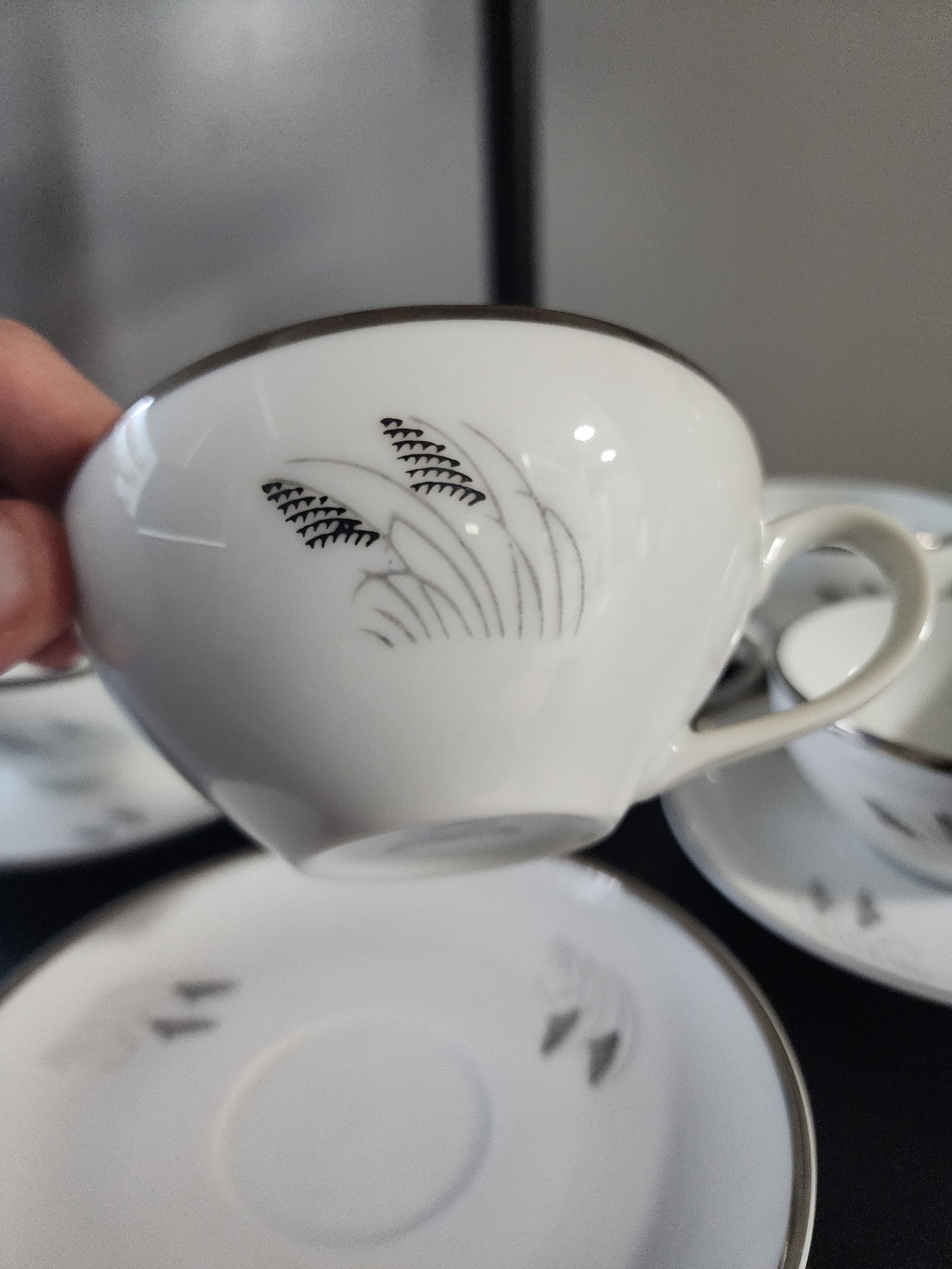 青花 葉形 三足 筆洗 匙付(A887) Fukagawa Arita Pattern 706 Moon Glow Black and Silver Plant