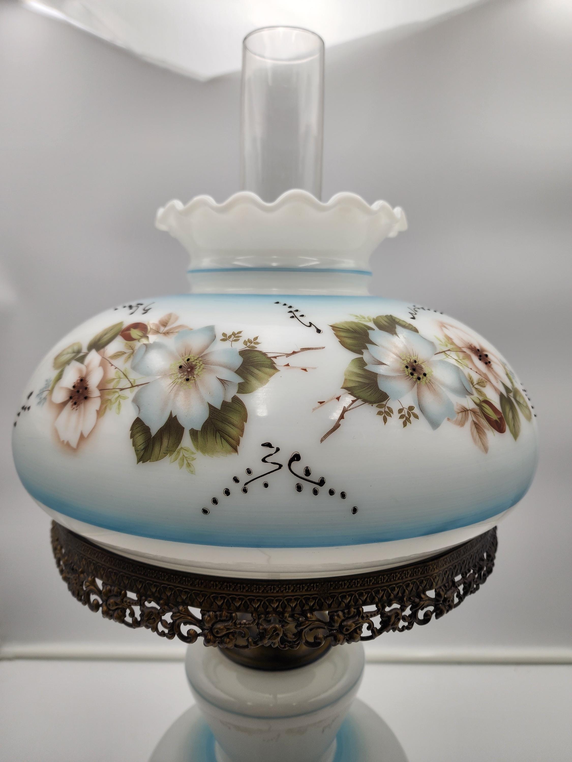 Vintage 1971 Hurricane Lamp – White Floral Glass, EF Industries - Etsy