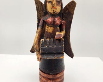Vintage Hand Carved Mexican Wood Angel holding Box Figurine Polychrome Folk Art Santos Sculpture Rustic Christian Statue Latin American