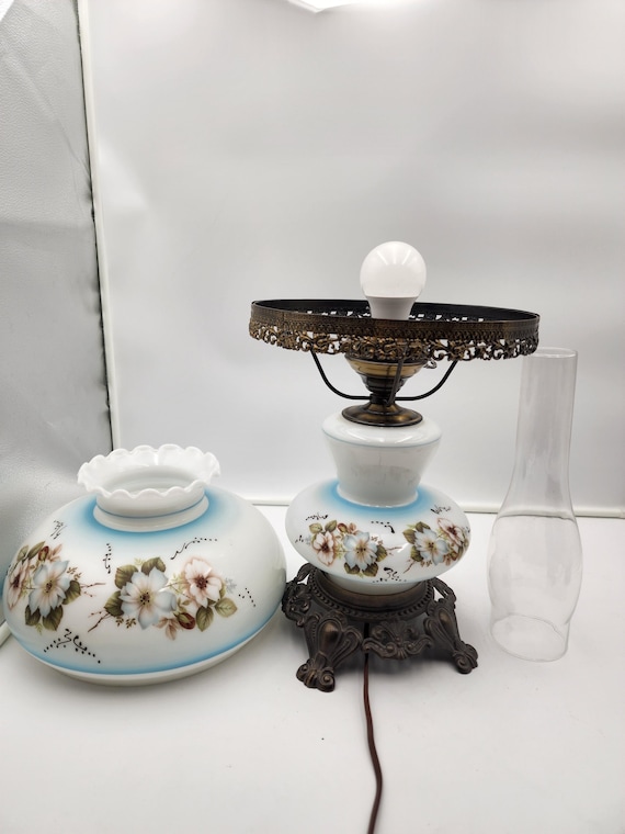 Vintage 1971 Hurricane Lamp – White Floral Glass, EF Industries - Etsy