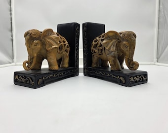 Elefant Vintage Buchstützen Paar Verziertes Harz Faux geschnitztes Holz Boho Safari Regal Dekor
