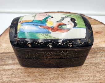 Vintage Japanese Black Lacquer Trinket Box with Hand Painted Porcelain Lid Court Scene, Asian Keepsake Jewelry Case, Mid Century Orient