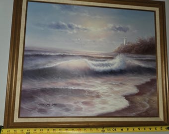 Vintage June Nelson Seascape Oil Painting, Framed Lighthouse Coastal Art