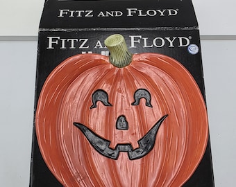 Vintage 2004 Fitz and Floyd Halloween pumpa Jack-O'-Lantern kanapetallrik med originalförpackning