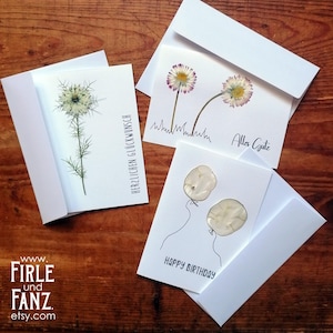 Set di 3 biglietti d'auguri con fiori veri inclusa busta | Carte floreali | Biglietti d'auguri | Biglietti d'auguri | fiori veri | foglie