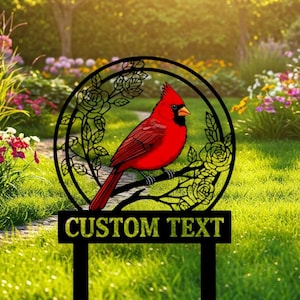 Custom Cardinal Garden Sign, Personalized Cardinal Metal Sign, Bird Garden Metal Stake, Red Cardinal Floral Garden Stake, Garden Marker