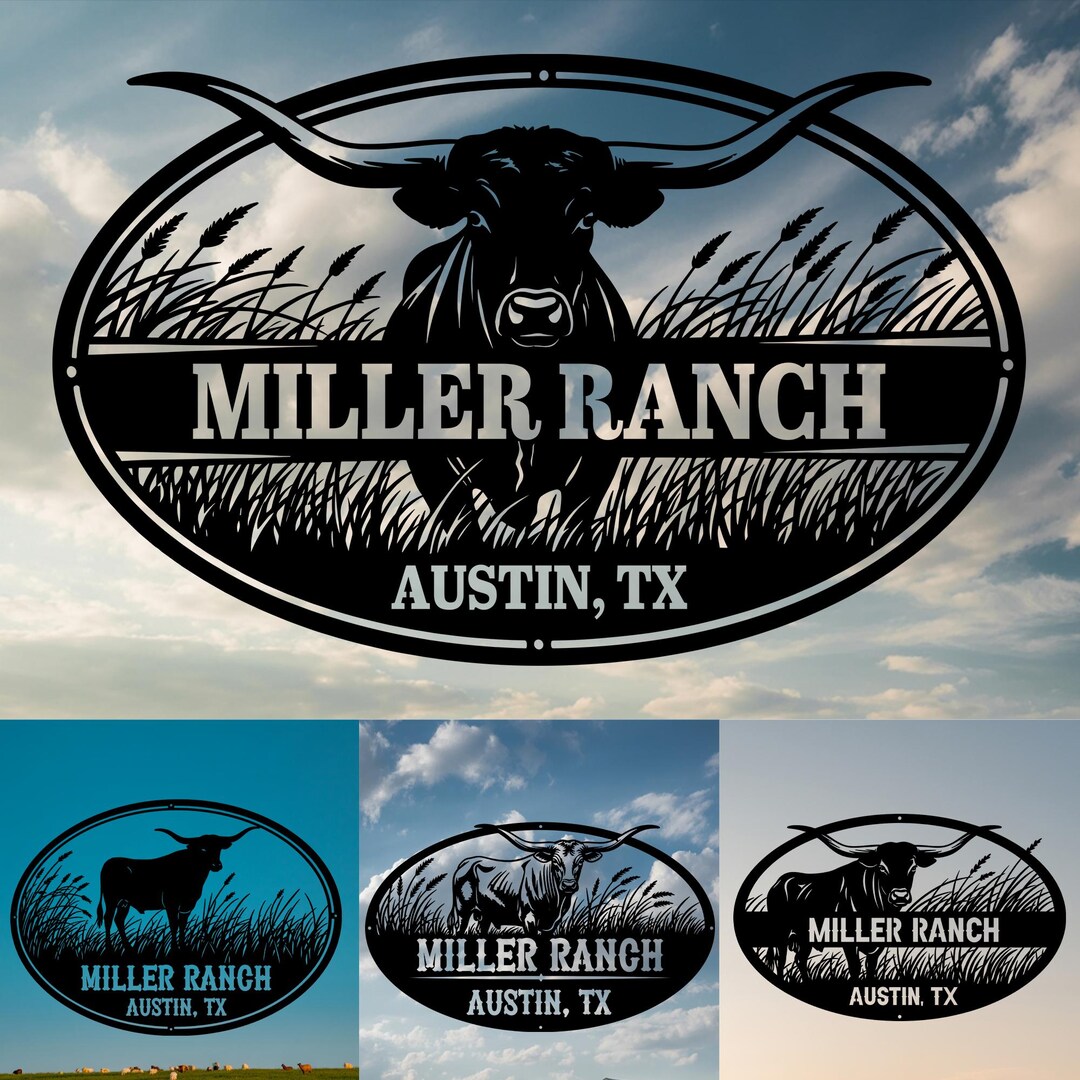 Farmhouse Ranch Sign With Bull, Custom Longhorn Ranch Metal Sign ...