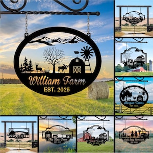 Personalized Metal Farm Sig, Custom Farm Name Sign with Dog, Cat, Cow – Large Farmhouse Gate Sign for Barn, Ranch, or Farm Entrance