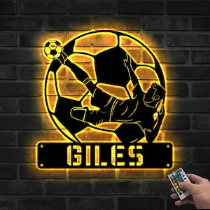 Custom Soccer Ball Metal Wall Art LED Light, Personalized Football Player Name Sign, Metal Soccer Wall Art, Home Decor, Football Lover Gift