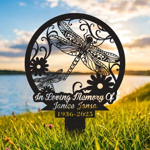Customized Dragonfly Memorial Garden Stake, Grave Marker Stake, Dragonfly and Flower Sign, In Loving Memory, Sympathy Sign, Garden Decor