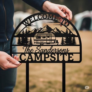 Custom Campsite Sign with Name, Camping Metal Sign, Camp Site Welcome Sign, RV Campsite Yard Stake, RV Camper Gift, Camping Gift for Family