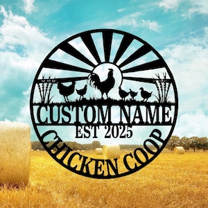 Custom Chicken Coop Metal Sign, Farm Sign with Rooster and Hens, Farmhouse Wall Art Decor, Hen House Decor, Backyard Coop Decor, Farm Gift
