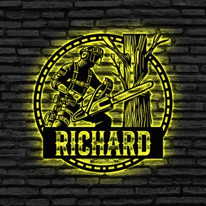 Personalized Chainsaw Metal Sign, Wall Art Led Lights, Woodworking Gift Lumberjack Gift Logger Gift, Gift for Him,  Woodworker Name Sign,