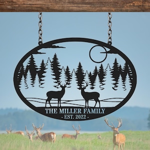 Benutzerdefinierte Hirsch Jagd Metall Schild, Familienname Cabin Wandkunst, Buck Jäger Namensschild, Cabin Cottage Dekor, Jäger Geschenk, Geschenk für Papa, Naturbursche
