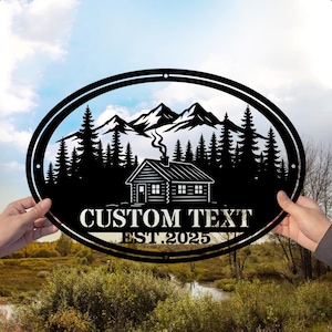 Custom Cabin Metal Sign, Rustic Mountain Lodge Wall Art Decor, Cabin Welcome Sign, Metal Mountain Scene Wall Decor for Vacation Home