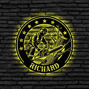 CustomChainsaw Metal Wall Art With Led Light, Custom Woodworker Name Sign, Woodworking Gift Lumberjack Gift Logger Gift, Dad Gift Home Decor