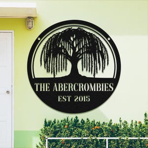 Arte murale personalizzata Willow Tree, Willow Tree in metallo, cartello in metallo Willow Tree, cartello personalizzato con nome di famiglia, decorazione murale con albero, cartello con natura