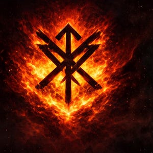 Könnte beinhalten: Digitale Illustration eines dunklen, stilisierten Symbols, das von Flammen umgeben ist. Das Symbol, bestehend aus sich kreuzenden Linien und einem Pfeil nach oben, vor einem feurigen orange-roten Hintergrund mit einer dunklen, rauchigen rechten Seite.