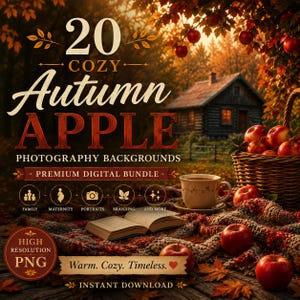 May include: A digital bundle of 20 cozy autumn apple photography backgrounds featuring a rustic cabin, a basket of red apples, a cup of tea, and an open book on a knit blanket. The text reads 20 COZY Autumn APPLE PHOTOGRAPHY BACKGROUNDS.