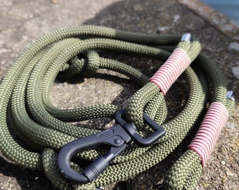 Dog leash made of robust sailing rope/nylon, 3-way adjustable with safety carabiner and lock