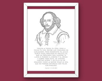 Shakespeare : portrait et citation, cartes postales littéraires, feuille décorative, illustration numérique, cadeau pour les lecteurs