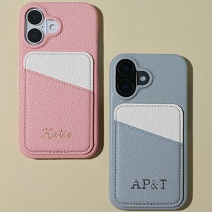 Aangepaste goud-zilveren initialen/naam voor iPhone 16-serie, 16 Pro/Pro Max 15/14/13/12/11 SE lederen kaarthouder, gepersonaliseerde iPhone-hoes