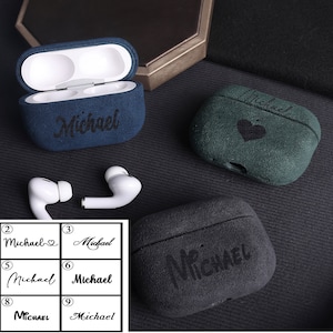 AirPods Pro 2用カスタムネームアルカンターラAirPodsケース、オリジナルデザインネーム、パーソナライズされたイヤホンケース