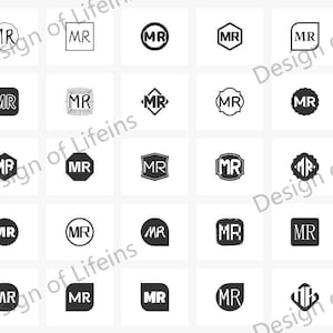 May include: A collection of 25 different black and white logo designs for the letters "MR".