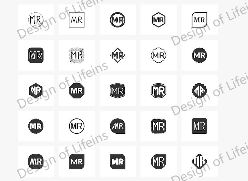May include: A collection of 25 different black and white logo designs for the letters "MR".