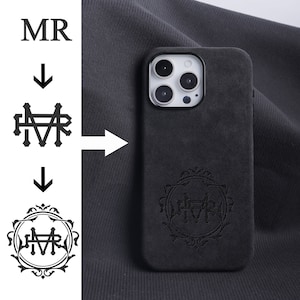 May include: A black phone case with a monogrammed design. The monogram is in a decorative circle with the letters "HVR" inside. The phone case is made of a soft, textured material.