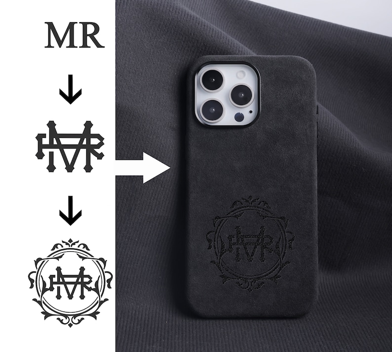 May include: A black phone case with a monogrammed design. The monogram is in a decorative circle with the letters "HVR" inside. The phone case is made of a soft, textured material.