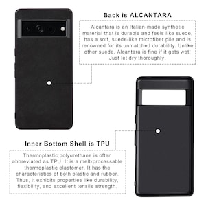 Pode incluir: Capa de telefone preta com uma parte de tr&aacute;s texturizada feita de Alcantara, um material sint&eacute;tico que se sente como camur&ccedil;a. A capa tem uma carca&ccedil;a interna de TPU. O texto "Back is ALCANTARA" e "Inner Bottom Shell is TPU" est&aacute; impresso na imagem.