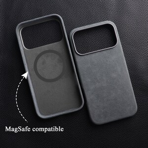 May include: Two gray phone cases with a textured finish are displayed on a dark surface. One case has a circular design, and the other has a rectangular opening. The text "MagSafe compatible" is also visible.
