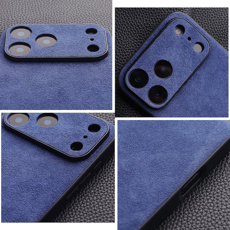 K&ouml;nnte beinhalten: Nahaufnahme einer blauen Handyh&uuml;lle mit einer strukturierten, Wildleder-&auml;hnlichen Oberfl&auml;che. Die H&uuml;lle hat einen schwarzen Rand und Aussparungen f&uuml;r die Kameralinsen. Das Design ist modern und elegant und bietet Schutz und Stil.