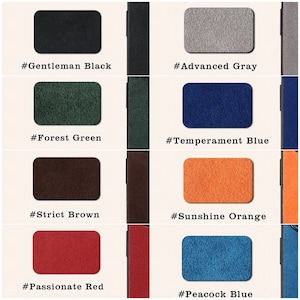 May include: Eight leather swatches in different colours: Gentleman Black, Advanced Grey, Forest Green, Temperament Blue, Strict Brown, Sunshine Orange, Passionate Red, and Peacock Blue.