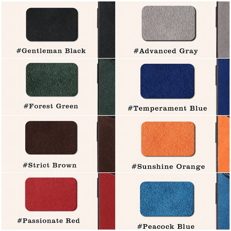 May include: Eight leather swatches in different colours: Gentleman Black, Advanced Grey, Forest Green, Temperament Blue, Strict Brown, Sunshine Orange, Passionate Red, and Peacock Blue.