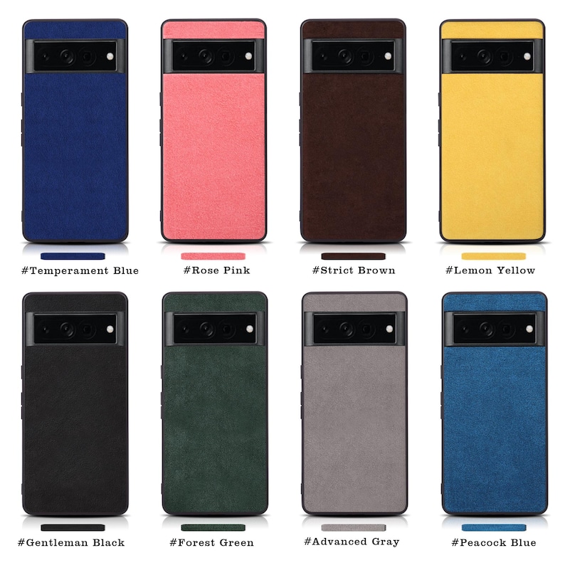 Pode incluir: Oito capas de telefone de diferentes cores com uma textura semelhante ao camur&ccedil;a. As capas t&ecirc;m todas a mesma forma e tamanho, e t&ecirc;m um recorte para a lente da c&acirc;mera. As cores s&atilde;o: azul temperamento, rosa rosa, castanho rigoroso, amarelo lim&atilde;o, preto cavalheiro, verde floresta, cinzento avan&ccedil;ado e azul pav&atilde;o.