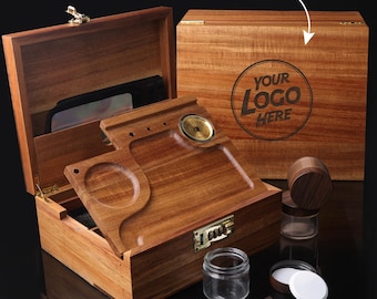 Custom Logo Acacia Wood Storage Box: Password Lock, Hygrometer, Glass Jars, Gift for Him/Her