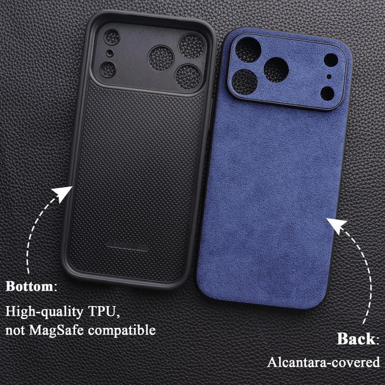 K&ouml;nnte beinhalten: Zweiteilige Handyh&uuml;lle. Der untere Teil ist aus schwarzem TPU mit strukturierter Oberfl&auml;che. Die R&uuml;ckseite ist blau Alcantara-bezogen. Der Text lautet: "Bottom: High-quality TPU, not MagSafe compatible" und "Back: Alcantara-covered."